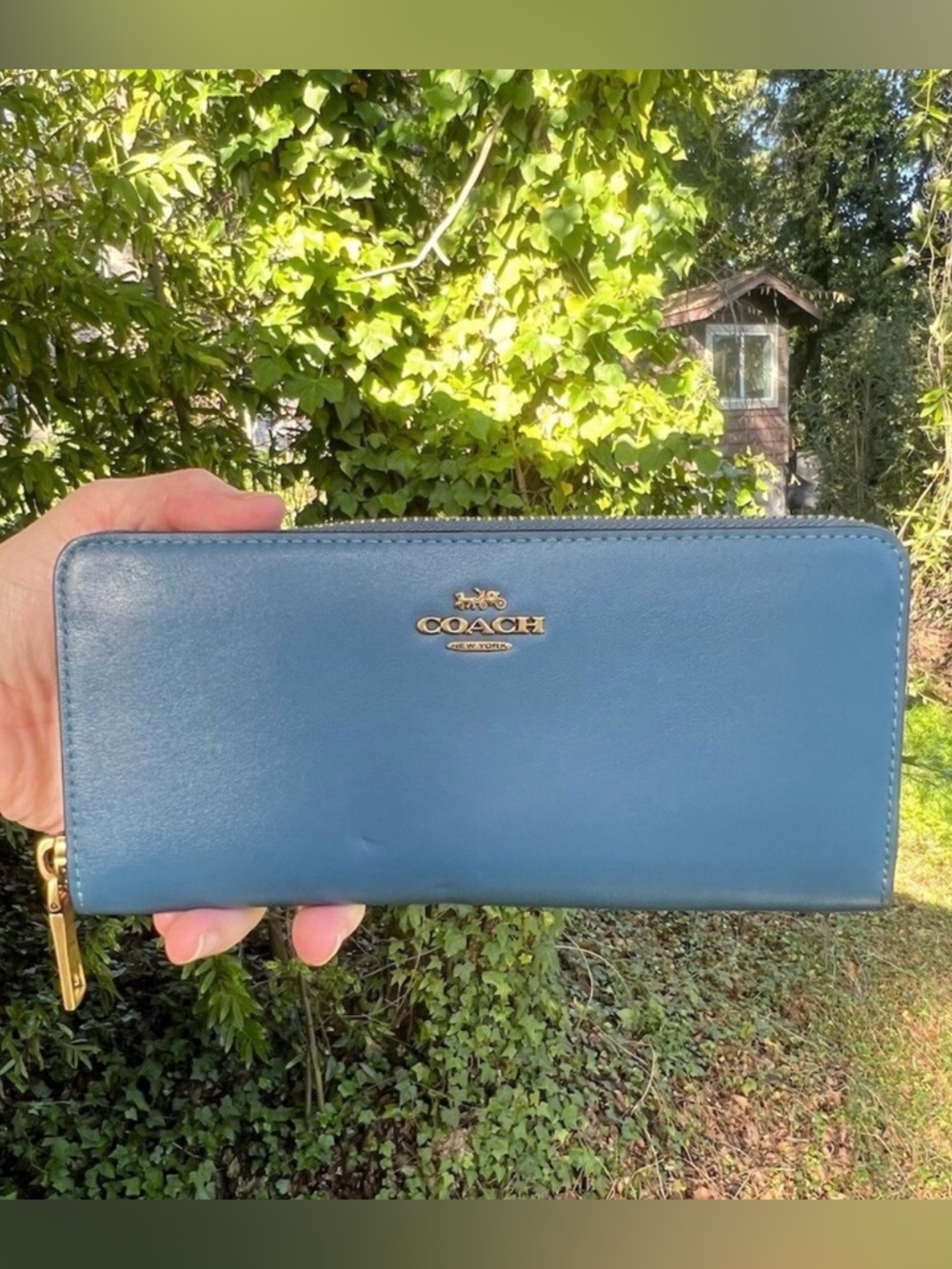 COACH Long Zip-Around Accordion Wallet Smooth Leather Blue w Brass/Gold Logo